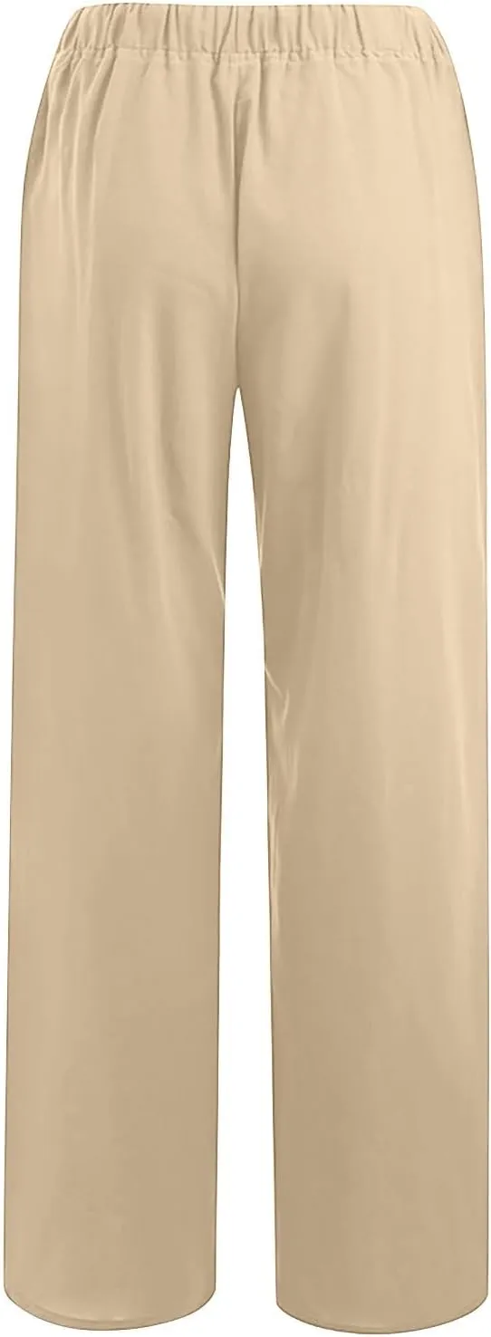 Summer Pants for Women Casual 2024 Summer Drawstring Elastic High Waist Linen Pant Straight Wide Leg Cropped Trousers