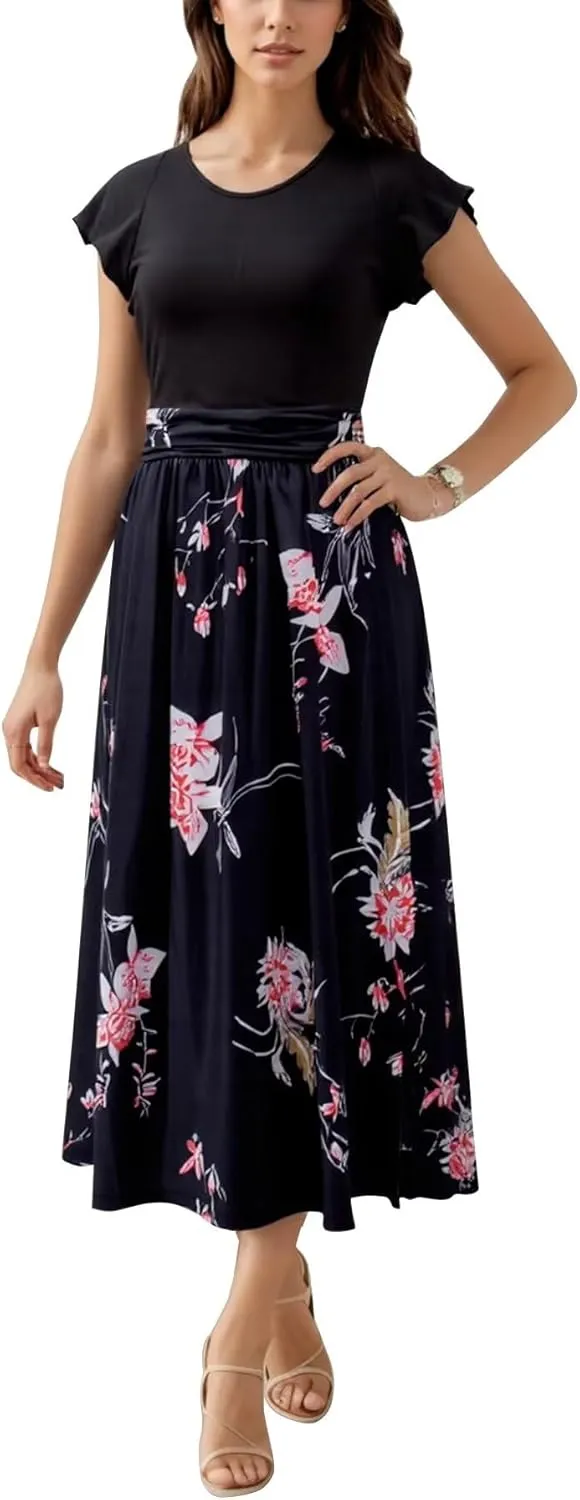 Superband Women Summer 2025 Maxi Dress Vacation Floral Short SleeveSquare Neck Casual Boho Split Beach Long Flowy Sundress
