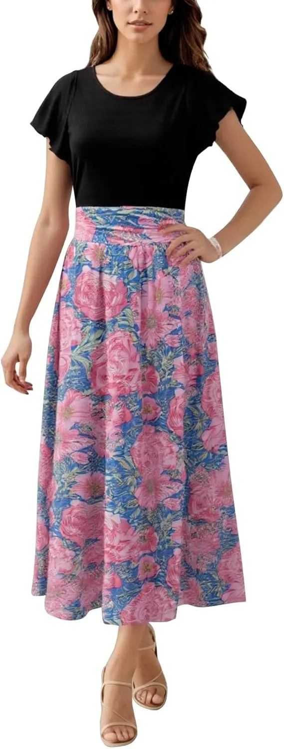 Superband Women Summer 2025 Maxi Dress Vacation Floral Short SleeveSquare Neck Casual Boho Split Beach Long Flowy Sundress