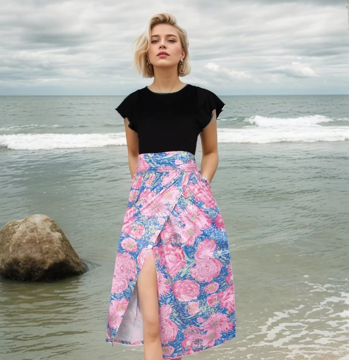 Superband Women Summer 2025 Maxi Dress Vacation Floral Short SleeveSquare Neck Casual Boho Split Beach Long Flowy Sundress
