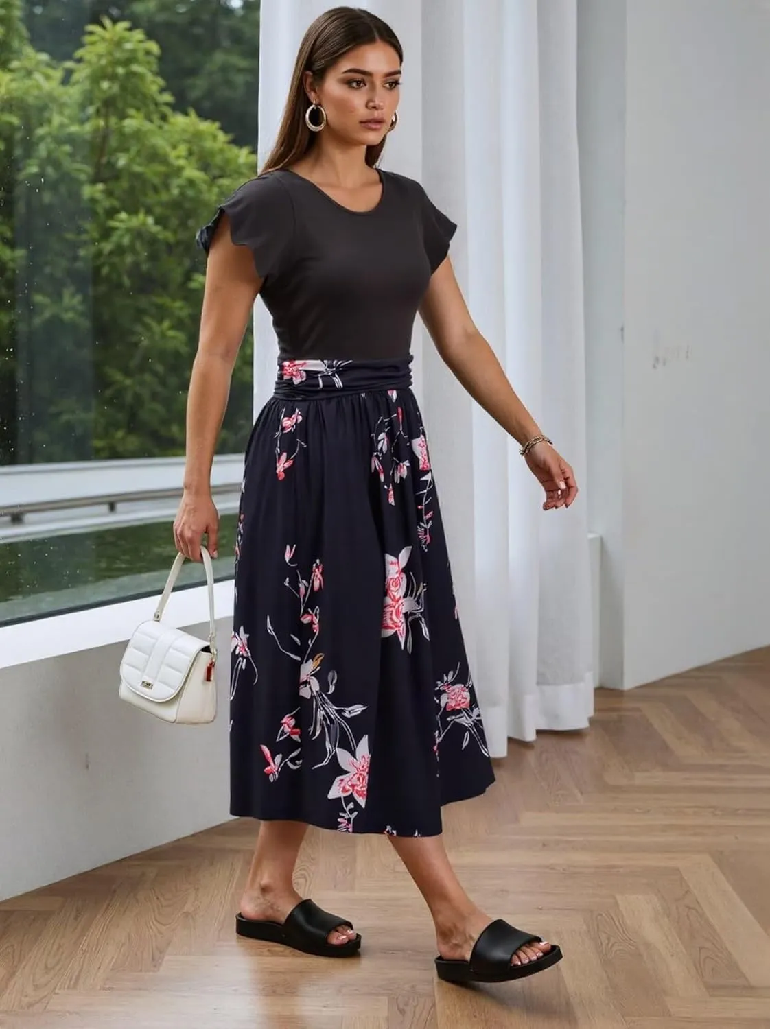 Superband Women Summer 2025 Maxi Dress Vacation Floral Short SleeveSquare Neck Casual Boho Split Beach Long Flowy Sundress