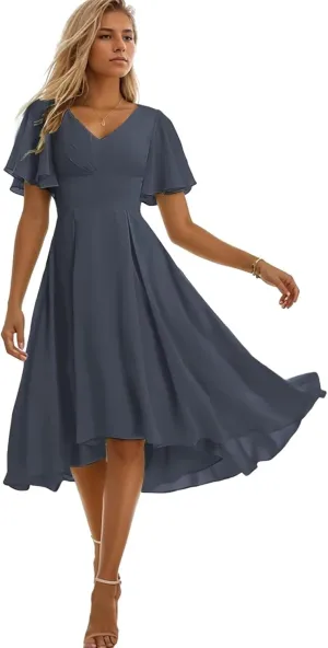 Tea Length Bridesmaid Dresses for Wedding V Neck Short Sleeve Formal Dresses for Women
