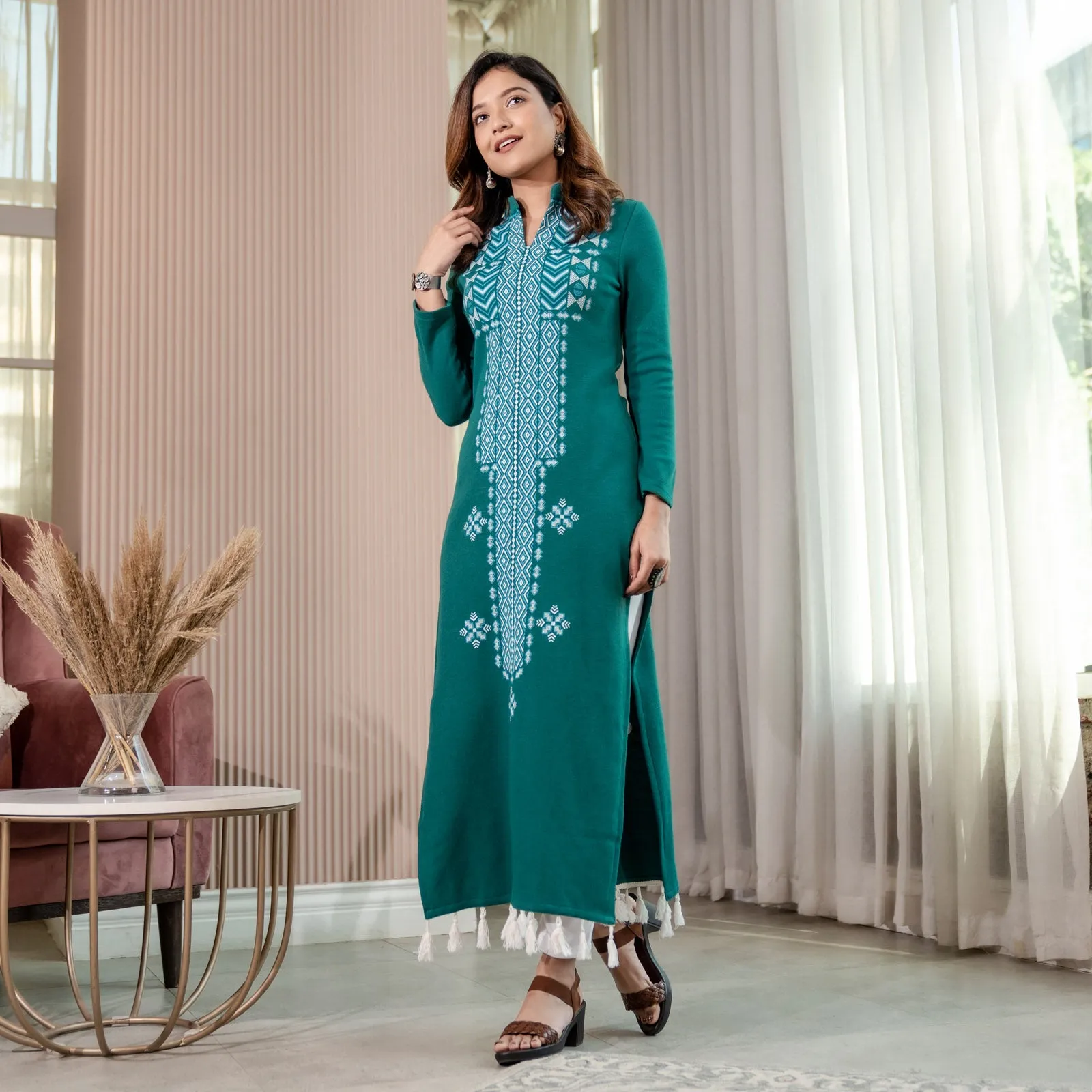Teal Acrylic Geometrical Print Kurta with Tassels Detailing