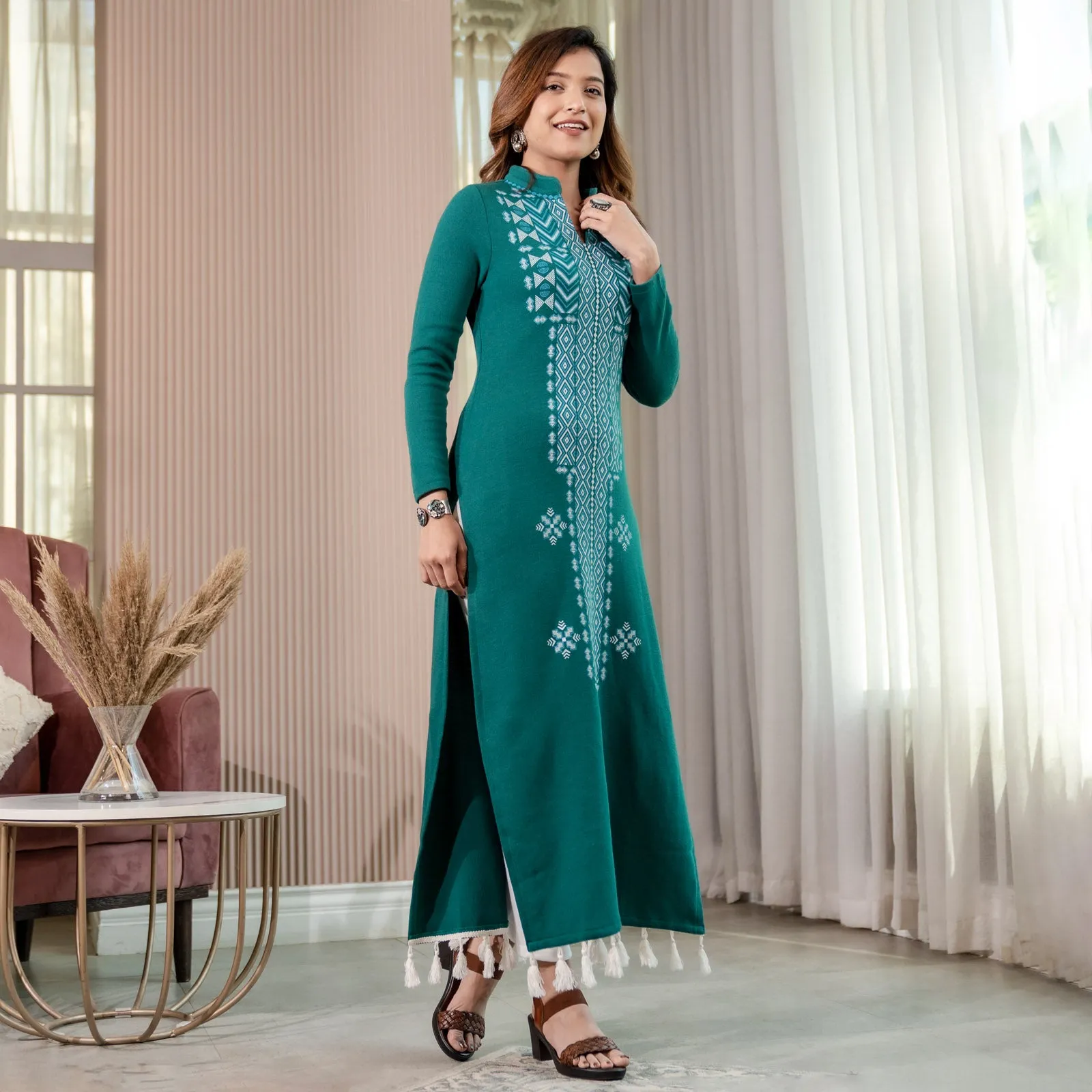 Teal Acrylic Geometrical Print Kurta with Tassels Detailing