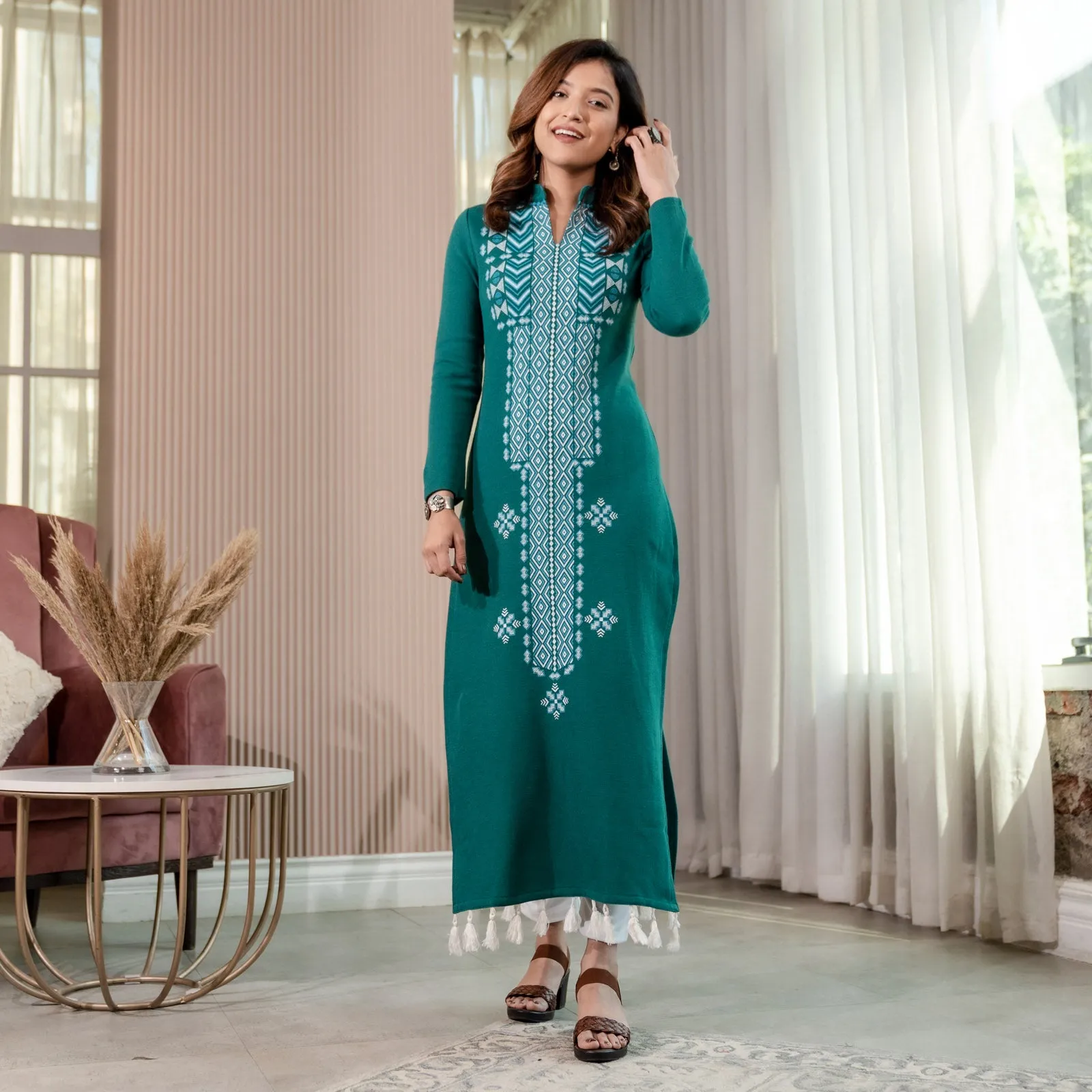 Teal Acrylic Geometrical Print Kurta with Tassels Detailing