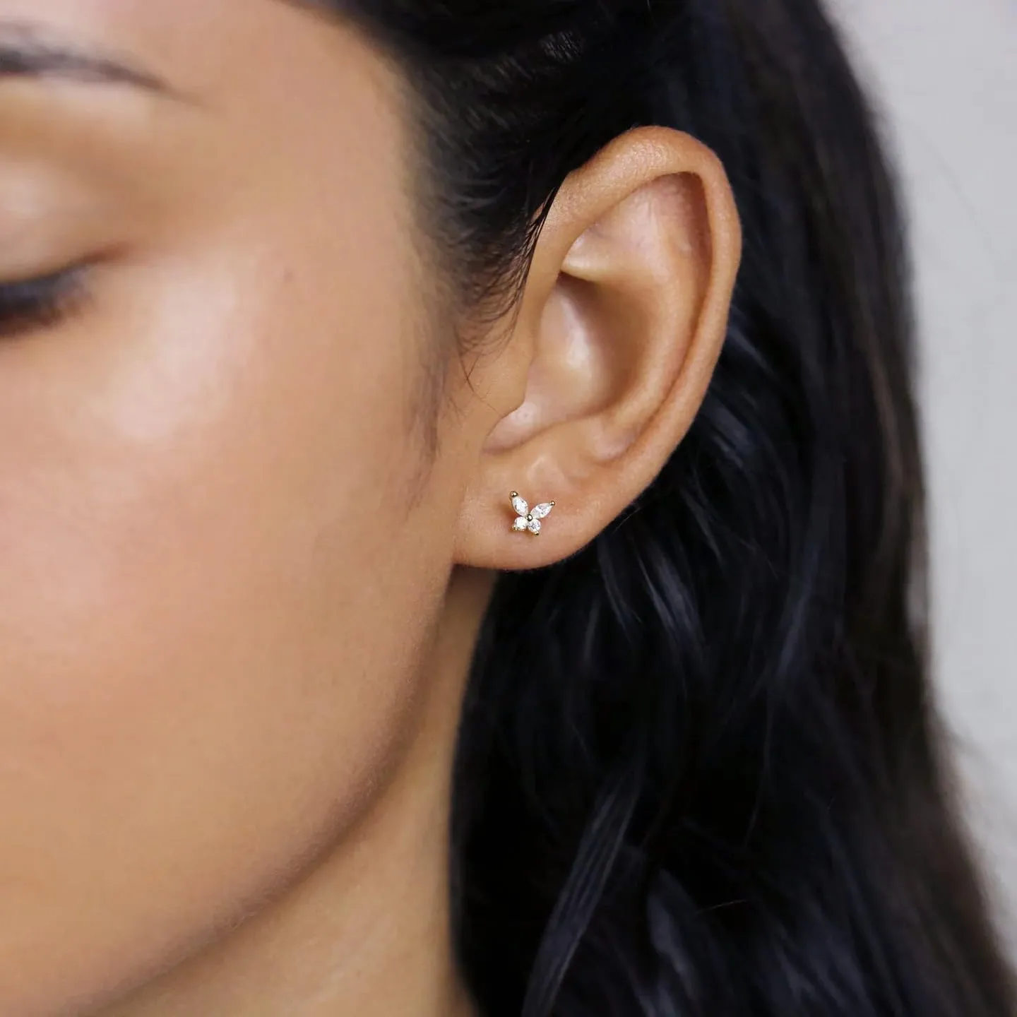 Threadless Flat Back Earrings, Hypoallergenic 14K Real Gold Plated CZ Butterfly, Flower, Crawler Stud Earrings | Cartilage Earring | Tragus Helix Piercing Jewelry | Push in Flatback Earrings for Women Men