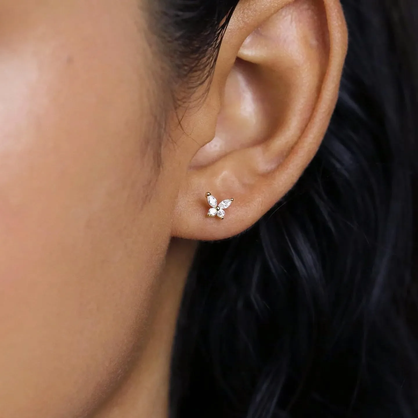 Threadless Flat Back Earrings, Hypoallergenic 14K Real Gold Plated CZ Butterfly, Flower, Crawler Stud Earrings | Cartilage Earring | Tragus Helix Piercing Jewelry | Push in Flatback Earrings for Women Men