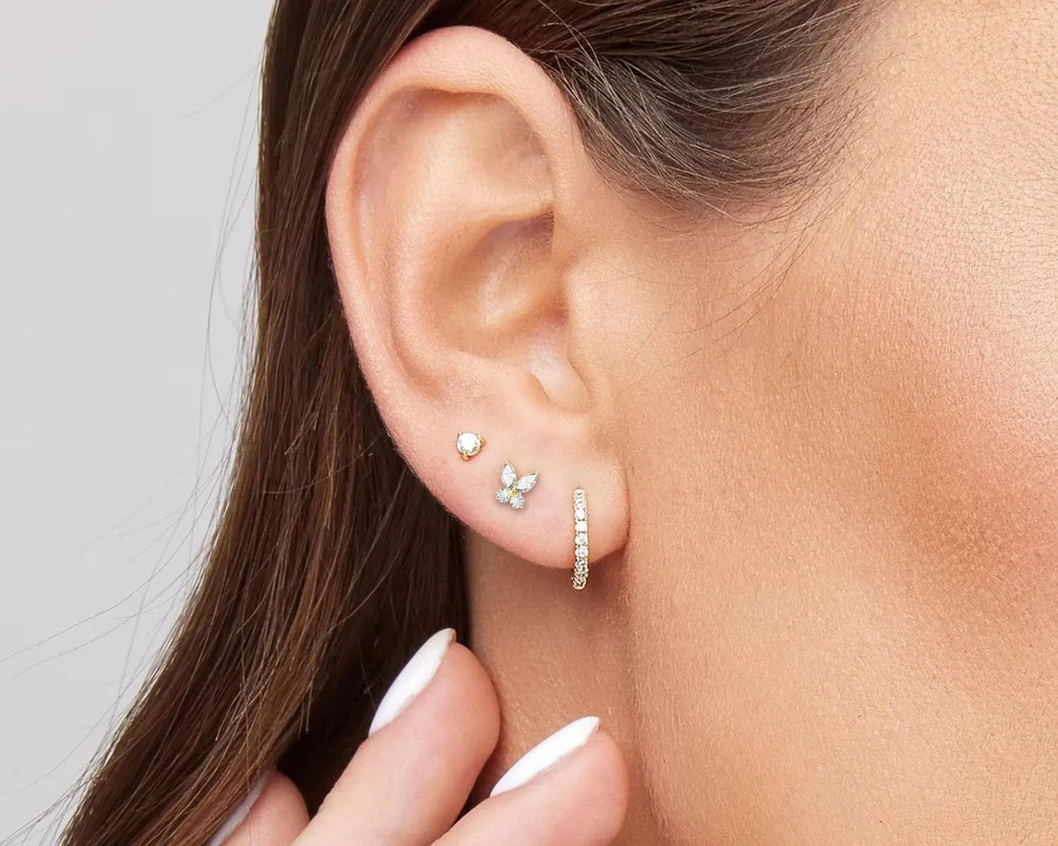 Threadless Flat Back Earrings, Hypoallergenic 14K Real Gold Plated CZ Butterfly, Flower, Crawler Stud Earrings | Cartilage Earring | Tragus Helix Piercing Jewelry | Push in Flatback Earrings for Women Men