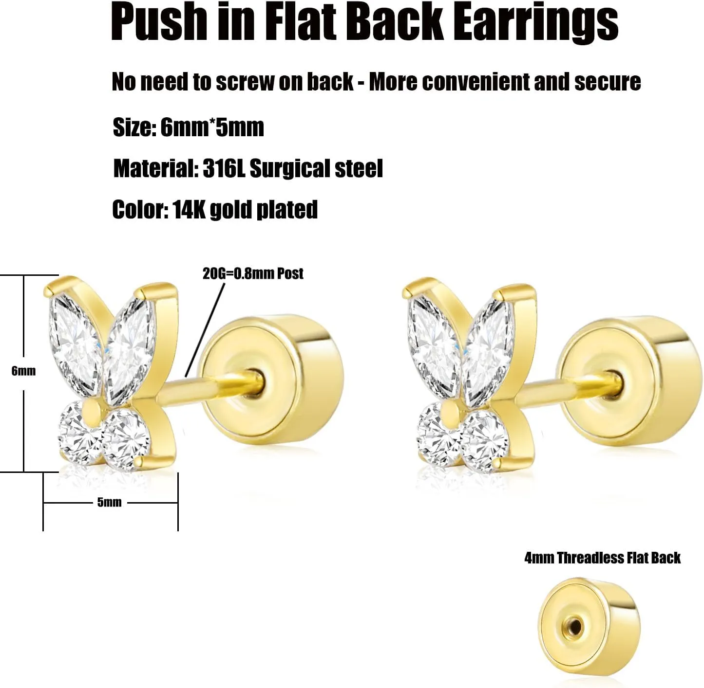 Threadless Flat Back Earrings, Hypoallergenic 14K Real Gold Plated CZ Butterfly, Flower, Crawler Stud Earrings | Cartilage Earring | Tragus Helix Piercing Jewelry | Push in Flatback Earrings for Women Men