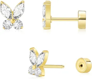 Threadless Flat Back Earrings, Hypoallergenic 14K Real Gold Plated CZ Butterfly, Flower, Crawler Stud Earrings | Cartilage Earring | Tragus Helix Piercing Jewelry | Push in Flatback Earrings for Women Men