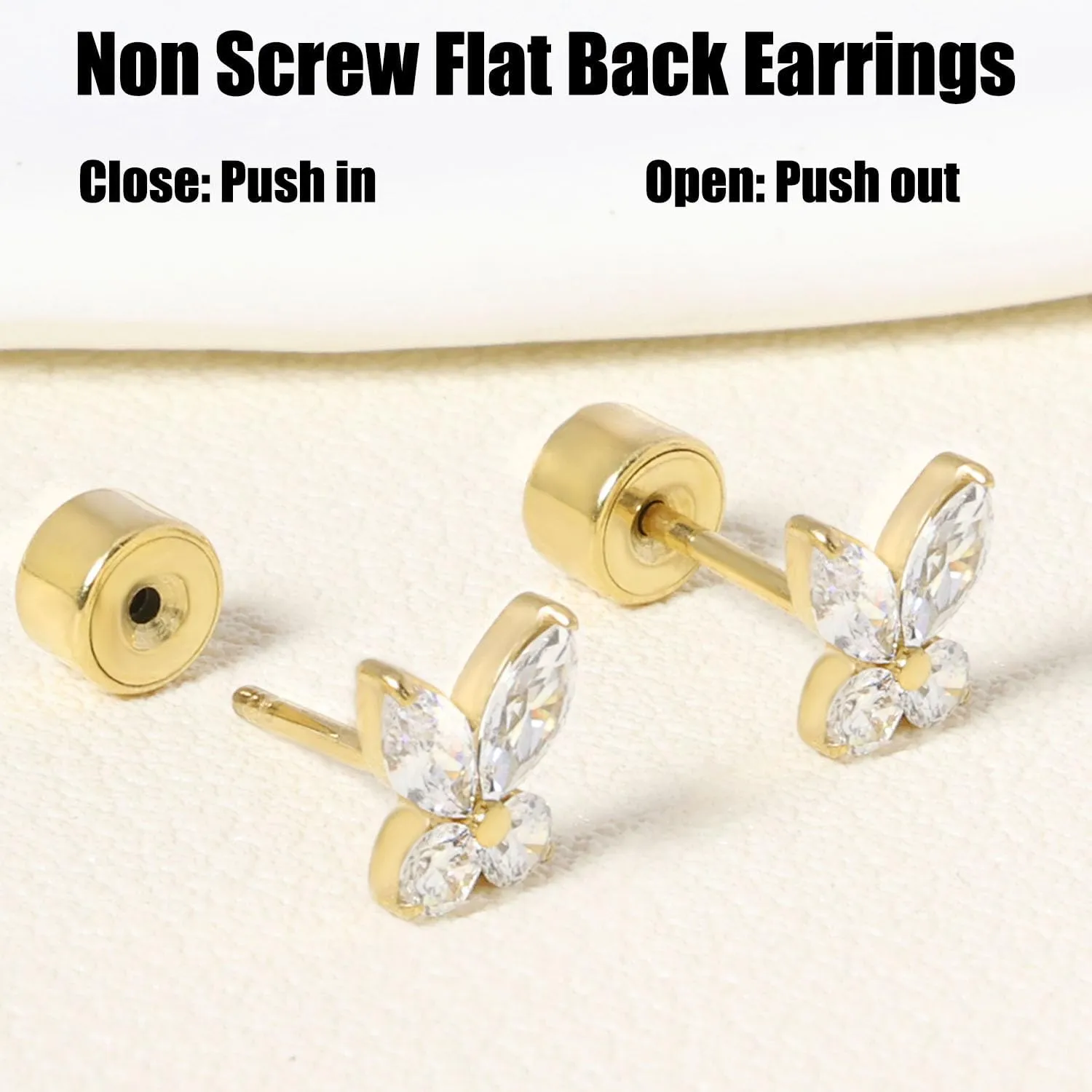 Threadless Flat Back Earrings, Hypoallergenic 14K Real Gold Plated CZ Butterfly, Flower, Crawler Stud Earrings | Cartilage Earring | Tragus Helix Piercing Jewelry | Push in Flatback Earrings for Women Men