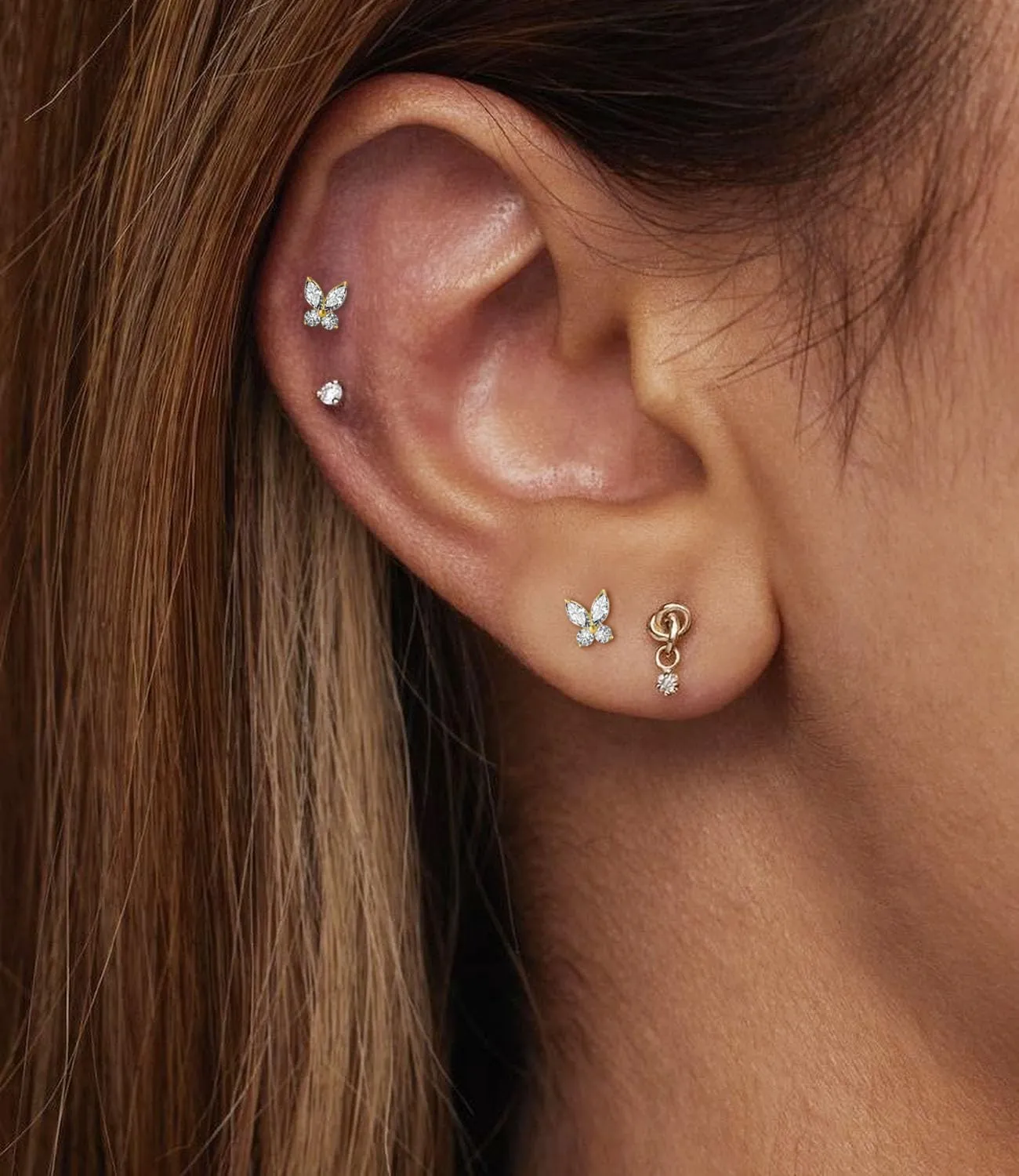Threadless Flat Back Earrings, Hypoallergenic 14K Real Gold Plated CZ Butterfly, Flower, Crawler Stud Earrings | Cartilage Earring | Tragus Helix Piercing Jewelry | Push in Flatback Earrings for Women Men