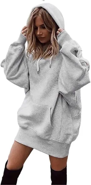 TIAFORD Women's Warmth Fleece Long Sleeve Hoodie Dress Casual Loose Stretch Hem Cuff Oversized Pullover Dresses with Pocket