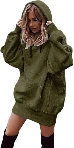 TIAFORD Women's Warmth Fleece Long Sleeve Hoodie Dress Casual Loose Stretch Hem Cuff Oversized Pullover Dresses with Pocket