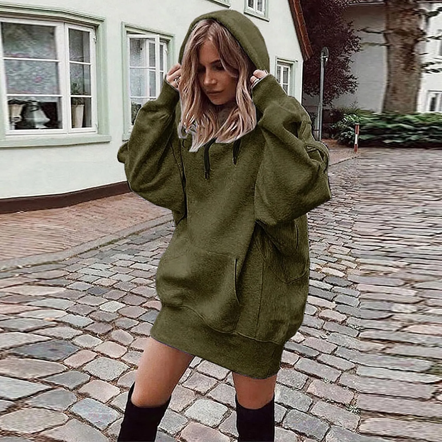 TIAFORD Women's Warmth Fleece Long Sleeve Hoodie Dress Casual Loose Stretch Hem Cuff Oversized Pullover Dresses with Pocket