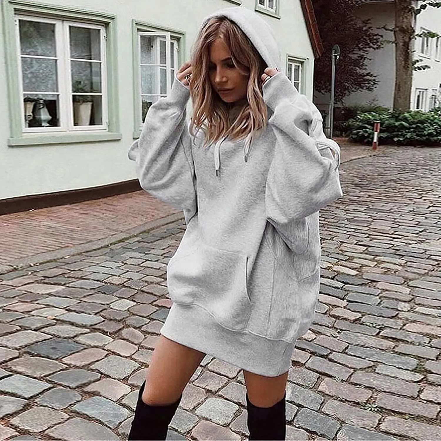 TIAFORD Women's Warmth Fleece Long Sleeve Hoodie Dress Casual Loose Stretch Hem Cuff Oversized Pullover Dresses with Pocket