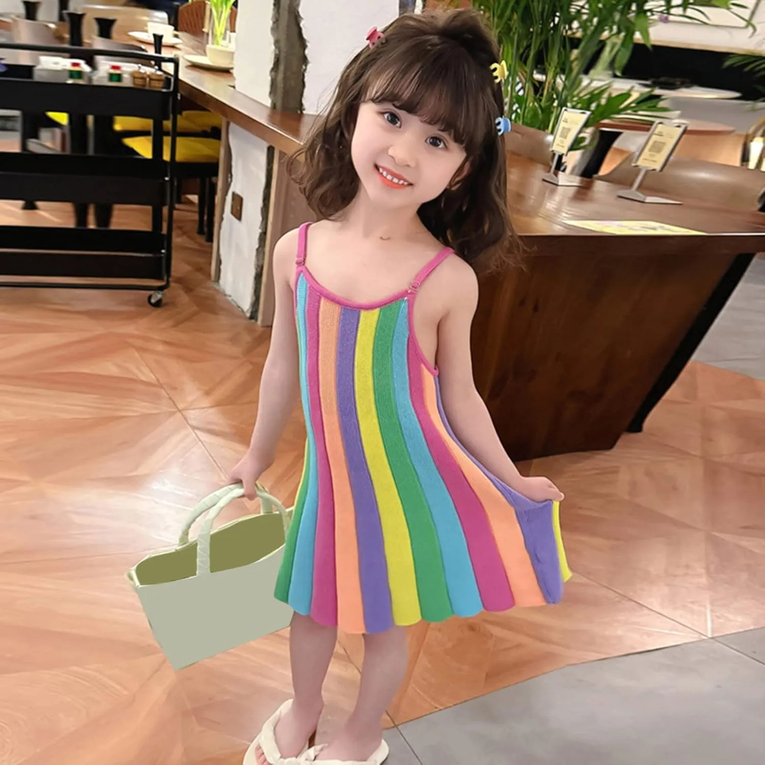 Toddler Baby Girls Rainbow Dress Summer Sleeveless Beach Sundress Casual Swing Spaghetti Straps Dress