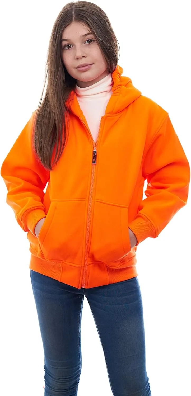 TrailCrest by Treel Kids Orange Safety Full Zip High Visibility Thick Fleece Hoodie Sweatshirt Hunting Jacket