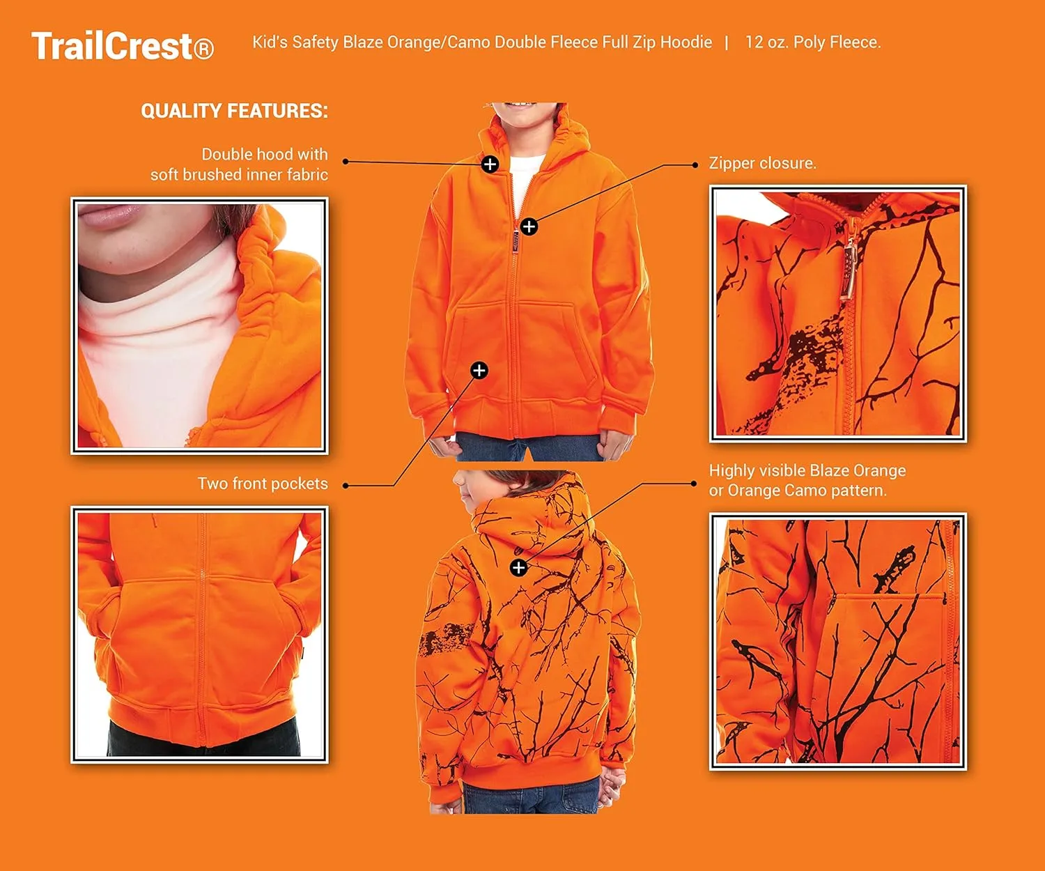 TrailCrest by Treel Kids Orange Safety Full Zip High Visibility Thick Fleece Hoodie Sweatshirt Hunting Jacket