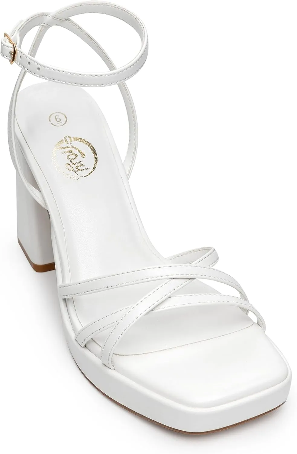 Trary Gold & White Heels - Square Toe, 3 inch Platform, Strappy & Block Heels for Wide Feet, Ankle Strap Y2k Shoes for Prom