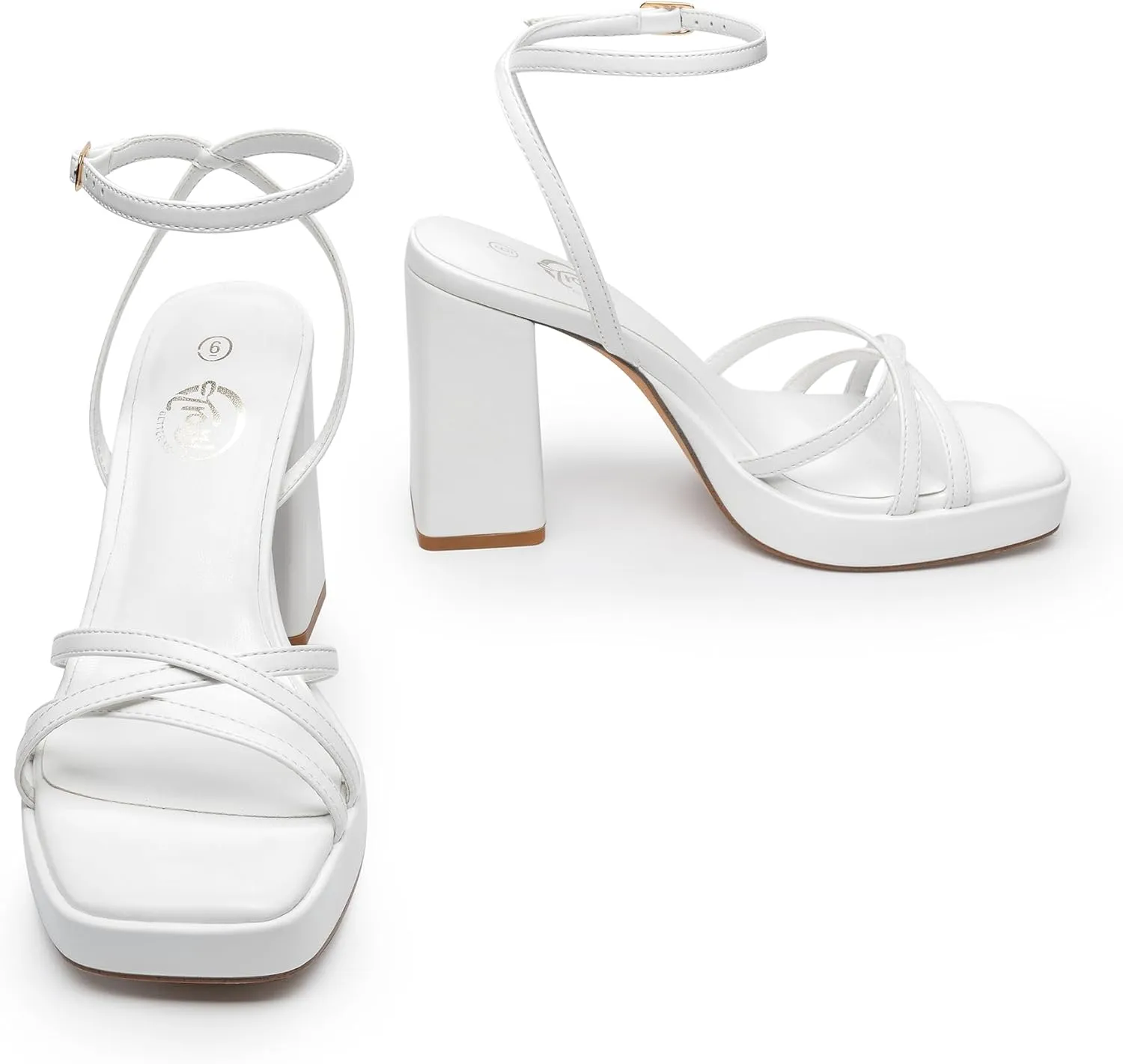 Trary Gold & White Heels - Square Toe, 3 inch Platform, Strappy & Block Heels for Wide Feet, Ankle Strap Y2k Shoes for Prom