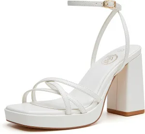 Trary Gold & White Heels - Square Toe, 3 inch Platform, Strappy & Block Heels for Wide Feet, Ankle Strap Y2k Shoes for Prom
