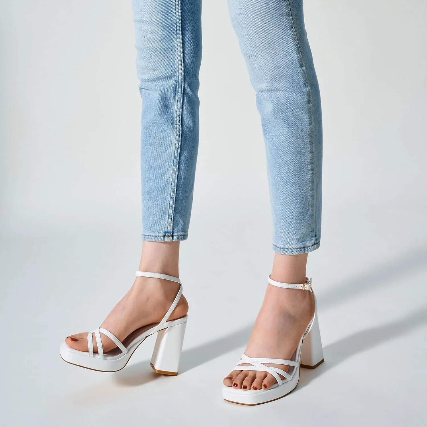 Trary Gold & White Heels - Square Toe, 3 inch Platform, Strappy & Block Heels for Wide Feet, Ankle Strap Y2k Shoes for Prom