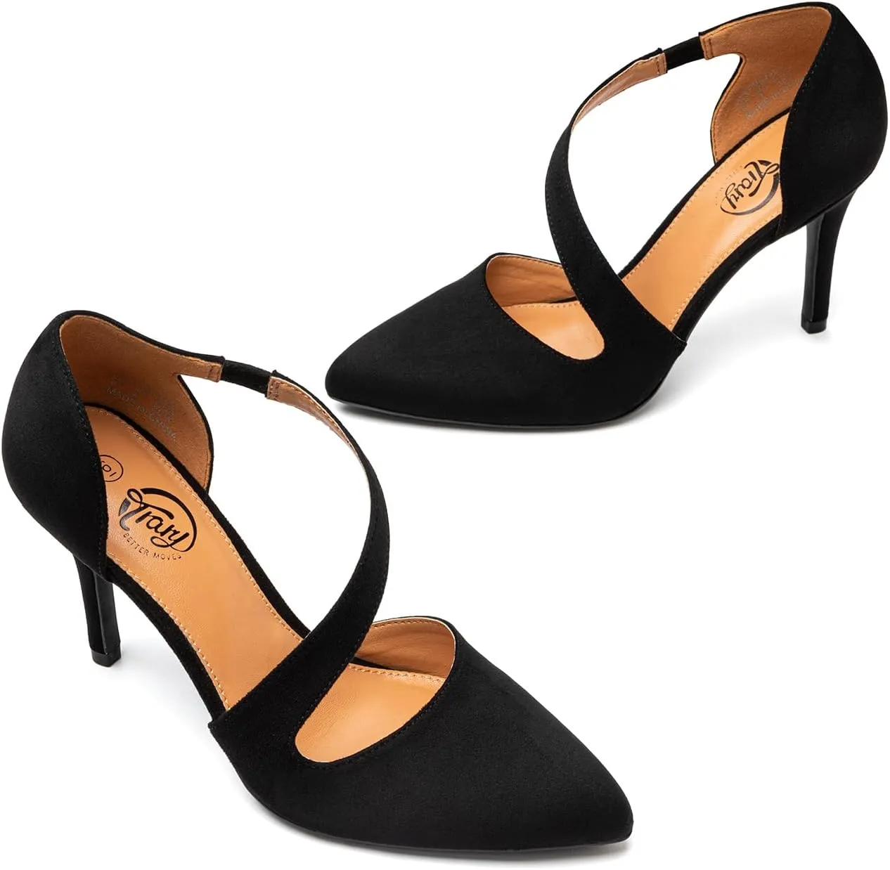 Trary Heels for Women Dress Closed Pointed Toe Heels Comfortable Stiletto High Heels Pumps Sexy Slip On D'Orsay Pumps with Cross Elastic Straps Work Wedding Party Shoes for Women