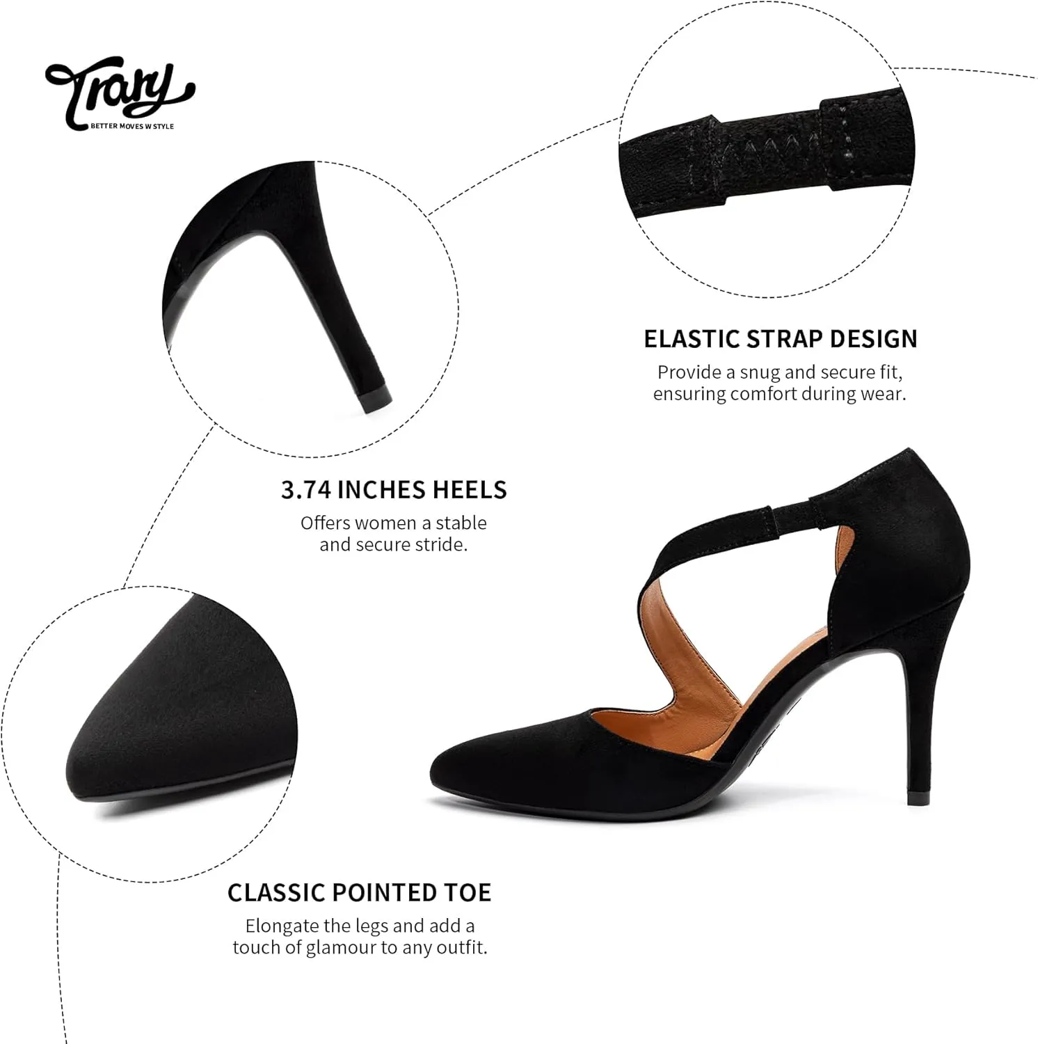 Trary Heels for Women Dress Closed Pointed Toe Heels Comfortable Stiletto High Heels Pumps Sexy Slip On D'Orsay Pumps with Cross Elastic Straps Work Wedding Party Shoes for Women