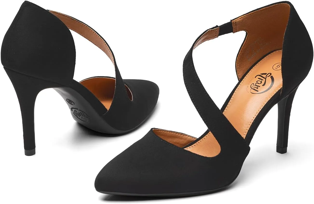 Trary Heels for Women Dress Closed Pointed Toe Heels Comfortable Stiletto High Heels Pumps Sexy Slip On D'Orsay Pumps with Cross Elastic Straps Work Wedding Party Shoes for Women