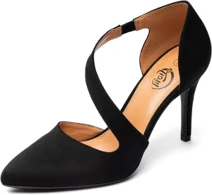 Trary Heels for Women Dress Closed Pointed Toe Heels Comfortable Stiletto High Heels Pumps Sexy Slip On D'Orsay Pumps with Cross Elastic Straps Work Wedding Party Shoes for Women