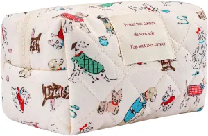uekeboag Cute Small Quilted Cotton Makeup Pouch for Women and girls,Coquette Quilted Toiletry Bag,Animal Coquette Mini Bag, Kawaii Travel Cosmetic Bags(05Puppy)