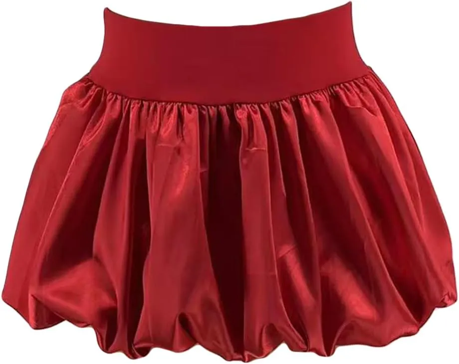Unybwonn Women Bubble Skirt Metallic Satin Ruffle Puffy Balloon Mini Skirts High Waist Pleated Cute Flared Short Skirt