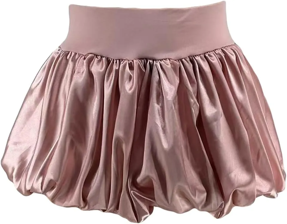 Unybwonn Women Bubble Skirt Metallic Satin Ruffle Puffy Balloon Mini Skirts High Waist Pleated Cute Flared Short Skirt