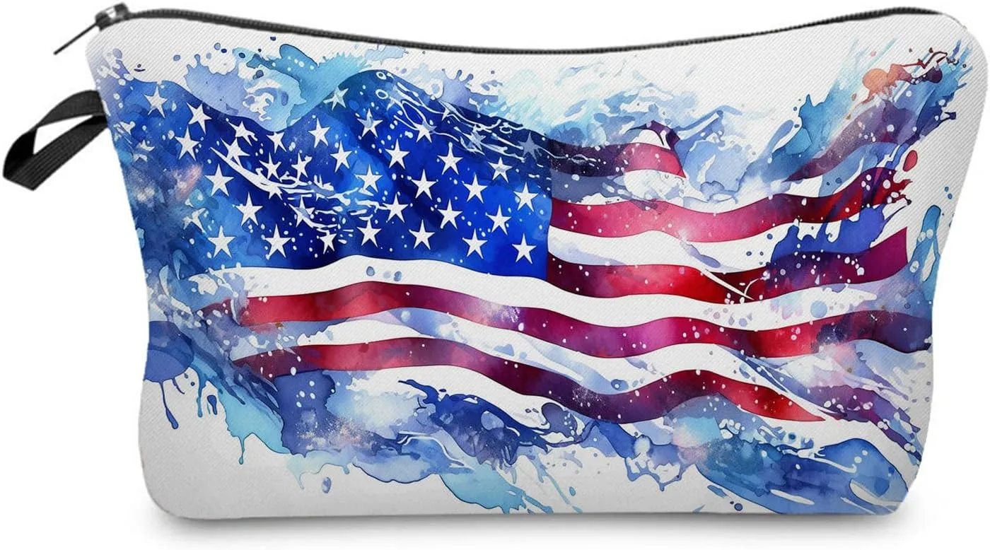 USA Flag Cosmetic Bag Cute Small Makeup Bag Travel Toiletry Zipper Pouch Girls Retro Gifts for Sisters American Flag Makeup Bag Gift for Women