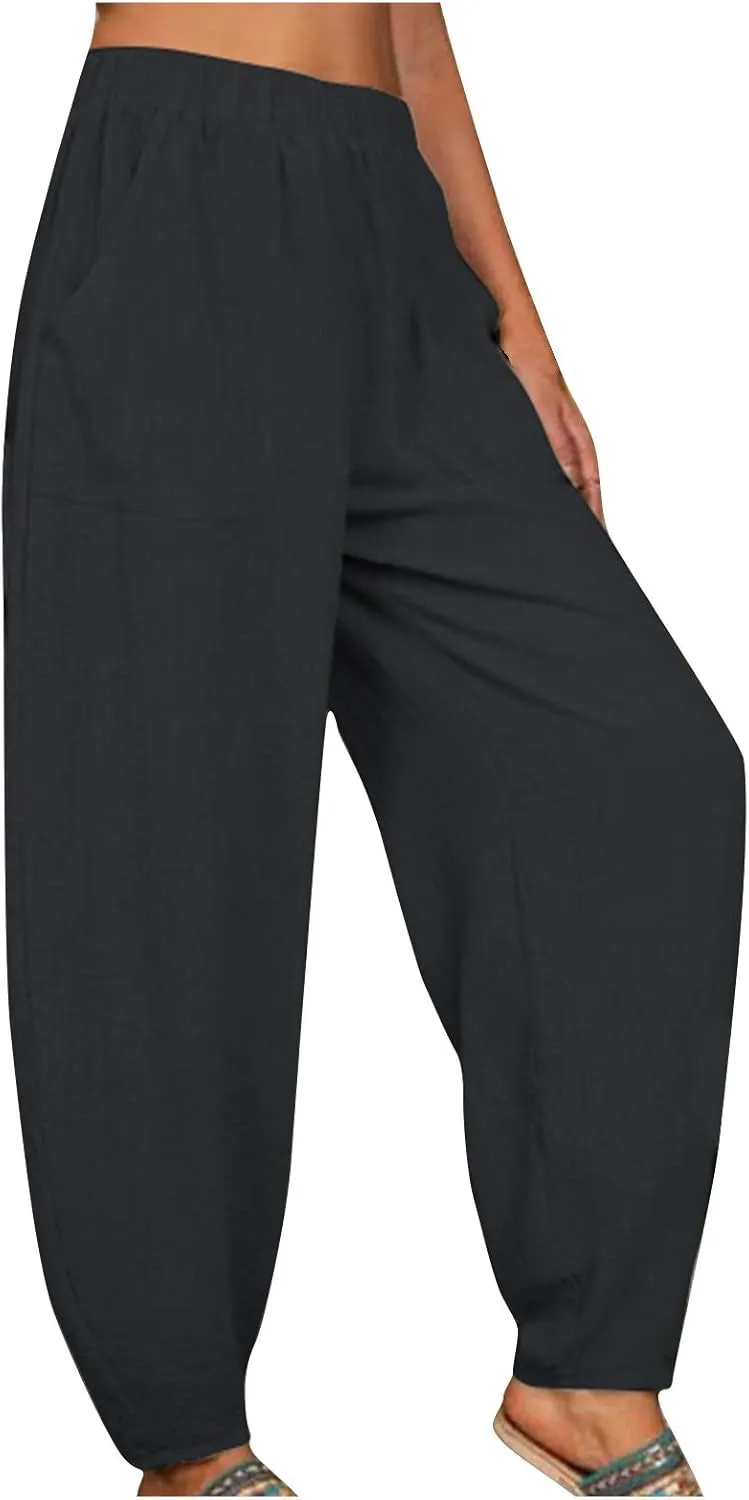 VOWUA Women's Casual Cotton Linen Baggy Pants with Pockets Loose Fit Elastic Waist Harem Pant Lightweight Yoga Beach Pants