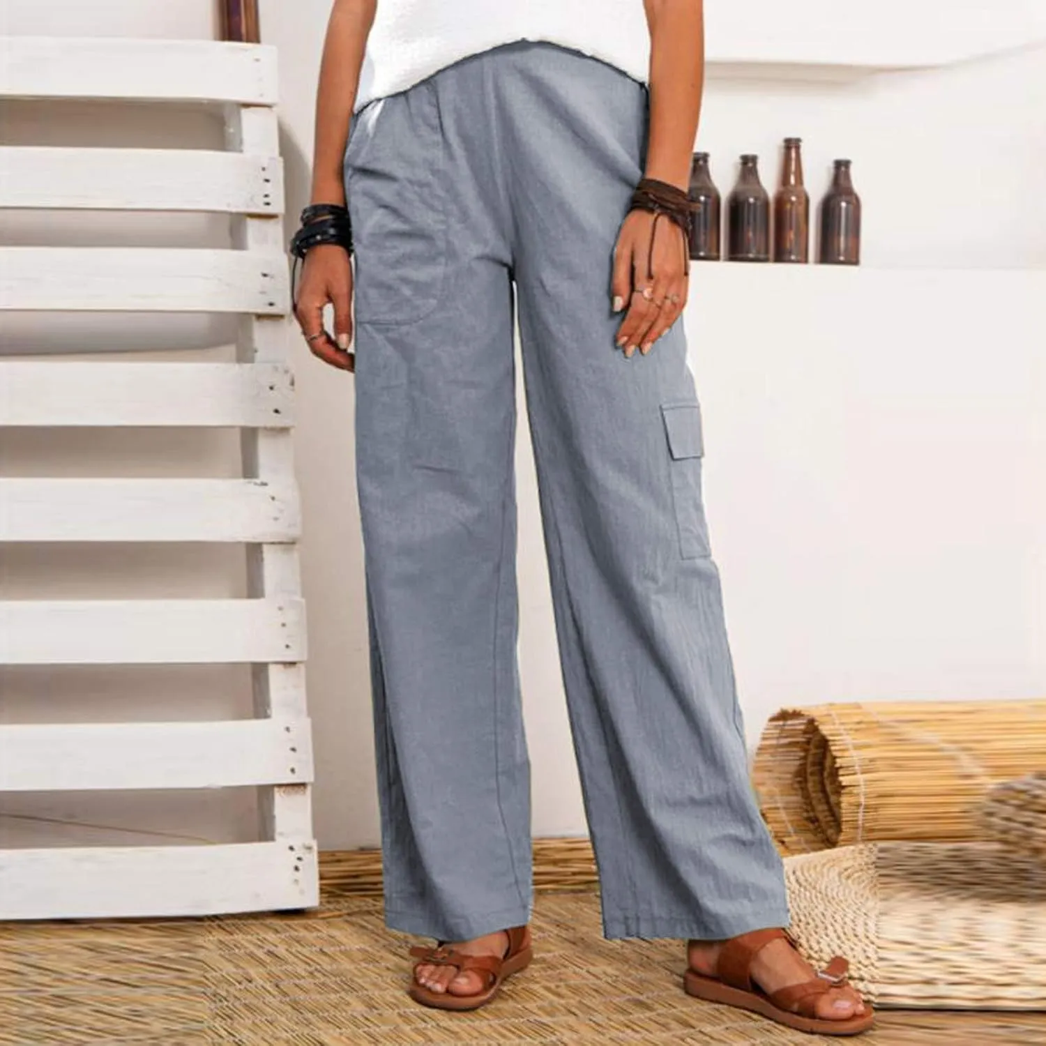 VOWUA Women's Casual Cotton Linen Baggy Pants with Pockets Loose Fit Elastic Waist Harem Pant Lightweight Yoga Beach Pants