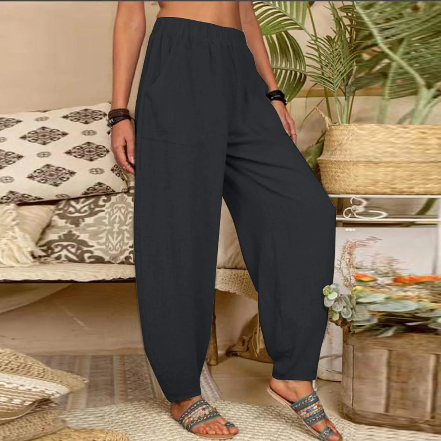 VOWUA Women's Casual Cotton Linen Baggy Pants with Pockets Loose Fit Elastic Waist Harem Pant Lightweight Yoga Beach Pants