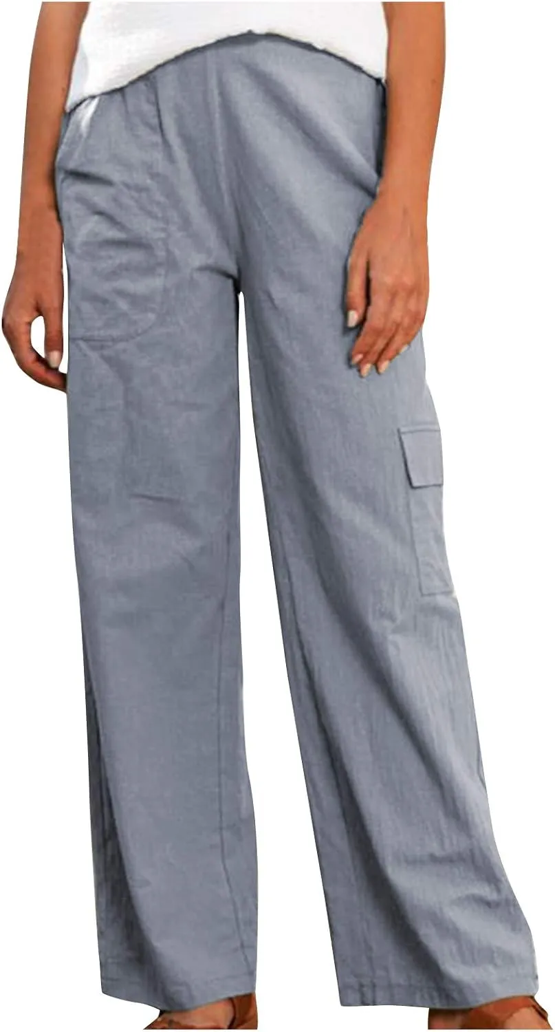 VOWUA Women's Casual Cotton Linen Baggy Pants with Pockets Loose Fit Elastic Waist Harem Pant Lightweight Yoga Beach Pants