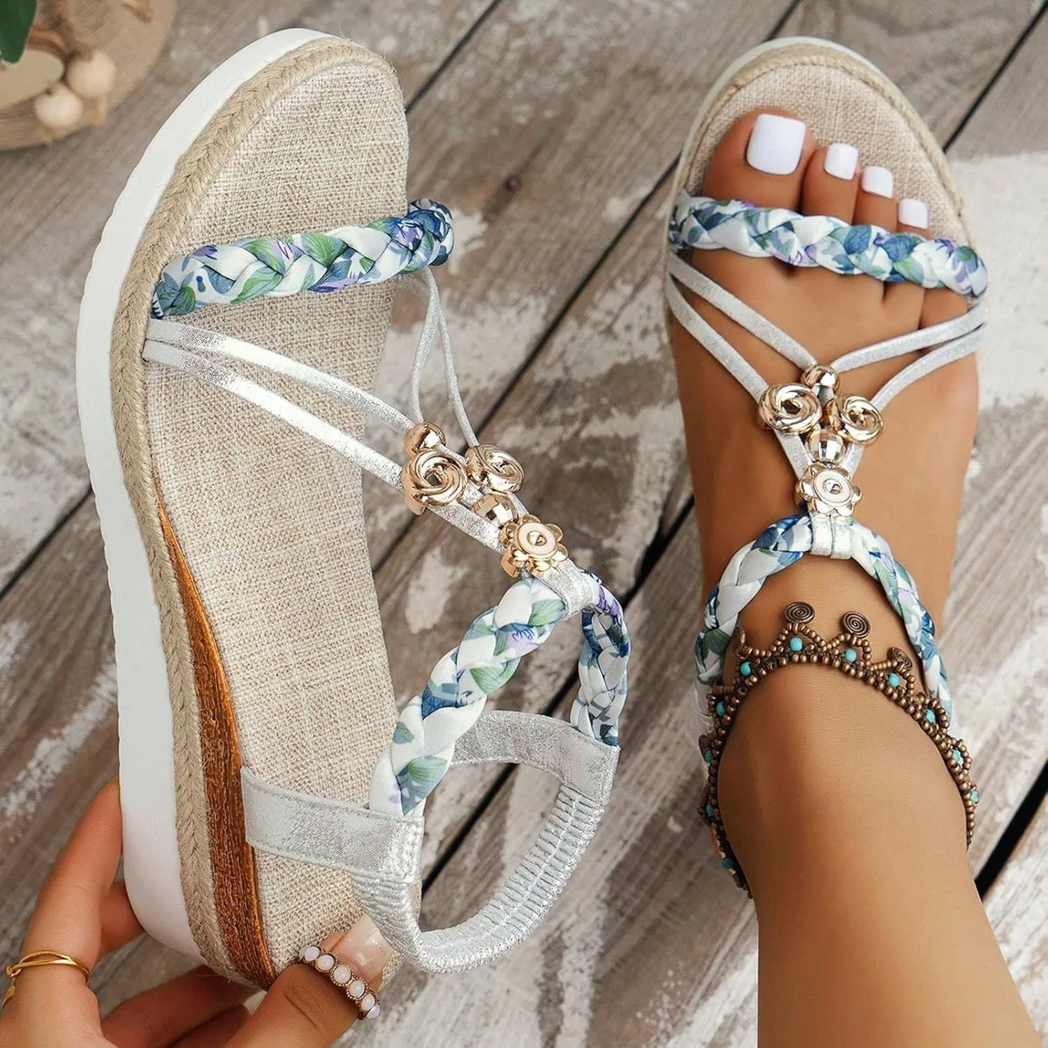 Wide Width Sandals for Women,Bohemian Sandals for Women,Wide Width Espadrilles Low Wedge Heels Sandals Shoes,Comfort Walking Non Slip Casual Summer Beach Shoes