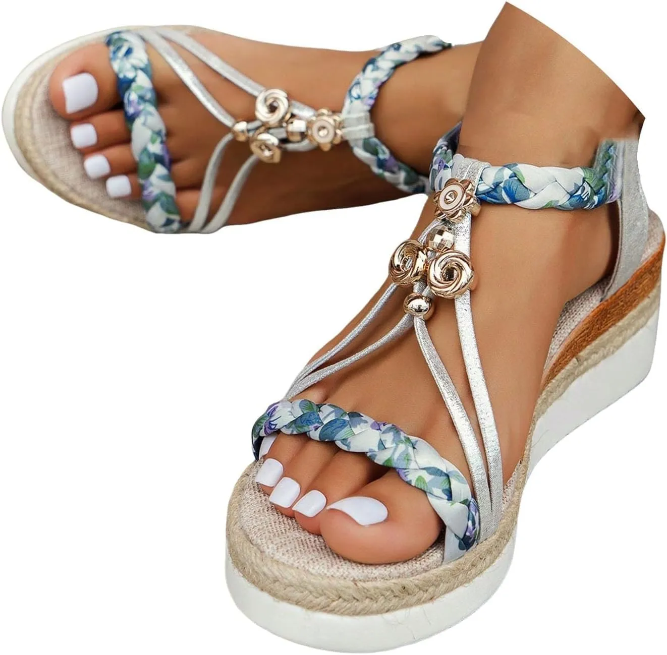 Wide Width Sandals for Women,Bohemian Sandals for Women,Wide Width Espadrilles Low Wedge Heels Sandals Shoes,Comfort Walking Non Slip Casual Summer Beach Shoes