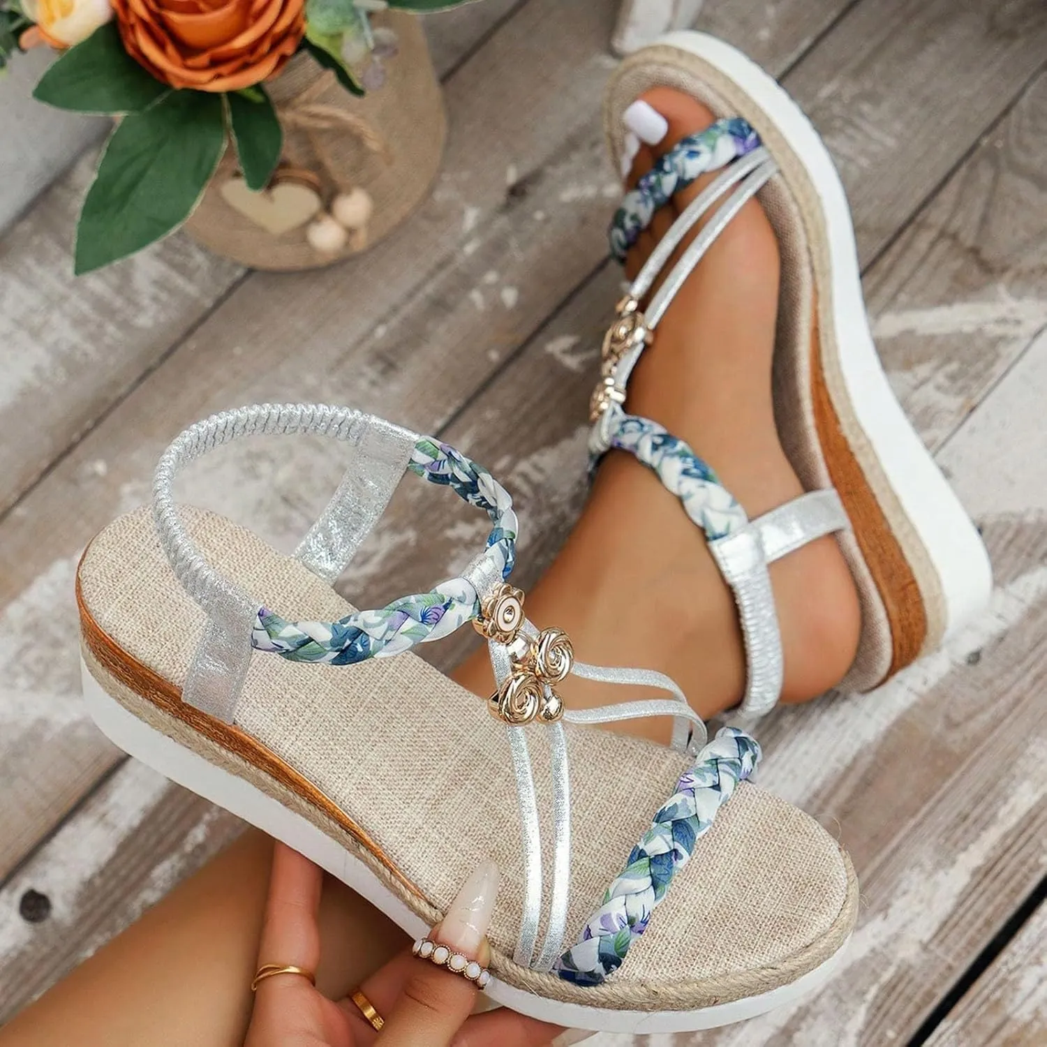 Wide Width Sandals for Women,Bohemian Sandals for Women,Wide Width Espadrilles Low Wedge Heels Sandals Shoes,Comfort Walking Non Slip Casual Summer Beach Shoes