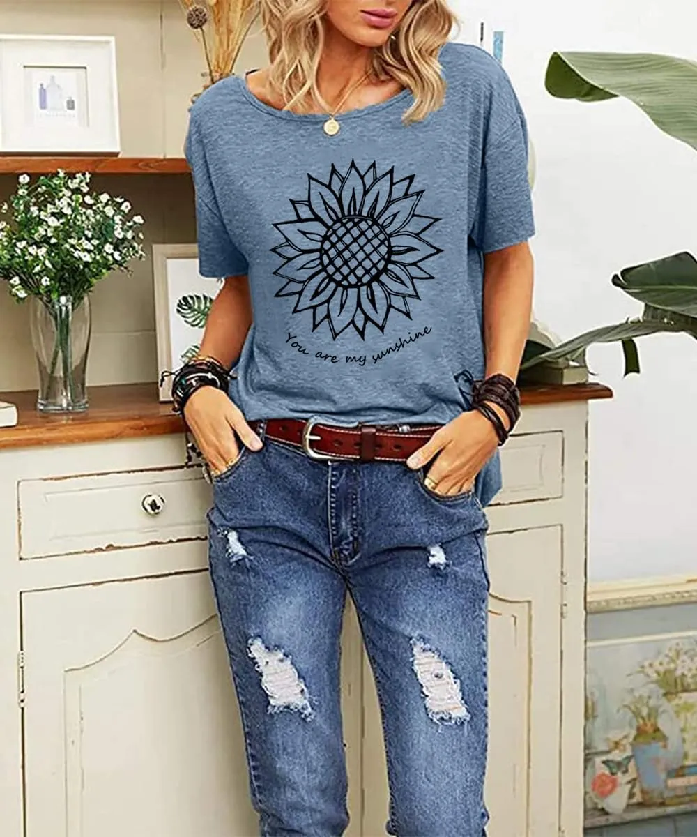 Wildflower Graphic Tees for Women Athletic Tops Sunflower Shirts Camping Flower Top Summer Short Sleeve Women's Clothing