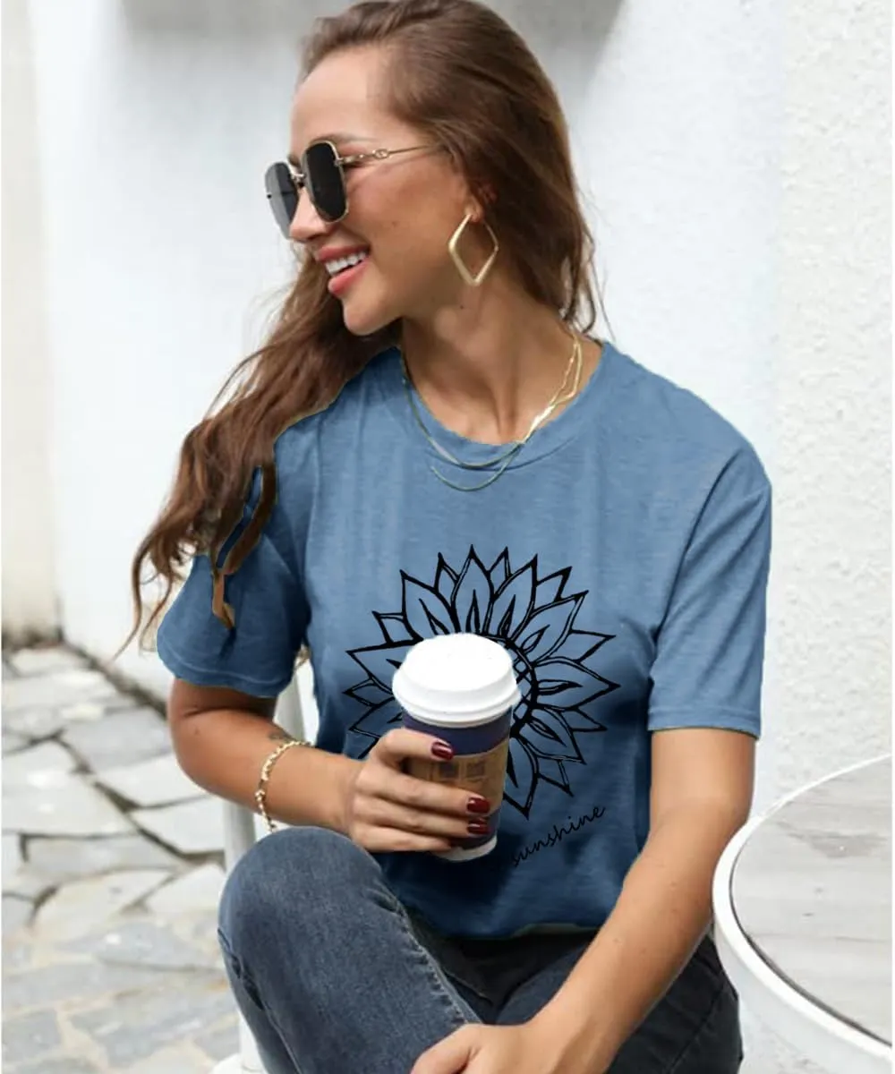 Wildflower Graphic Tees for Women Athletic Tops Sunflower Shirts Camping Flower Top Summer Short Sleeve Women's Clothing