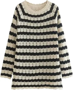 Women Casual Knitted Sweater Striped Jacquard Mesh Knit Sweaters Oversize Female Jumper Tops
