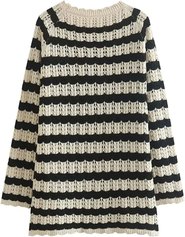 Women Casual Knitted Sweater Striped Jacquard Mesh Knit Sweaters Oversize Female Jumper Tops