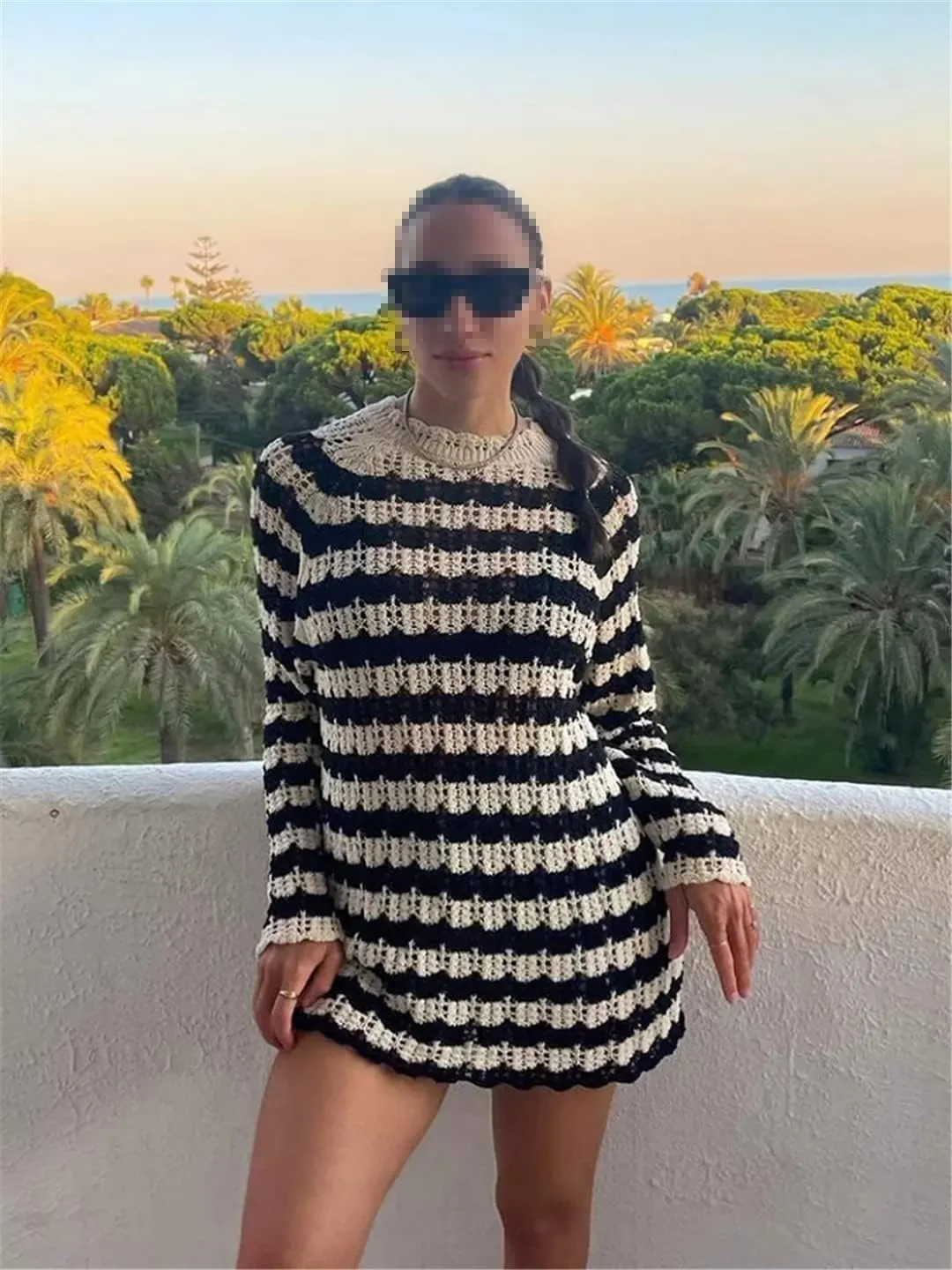 Women Casual Knitted Sweater Striped Jacquard Mesh Knit Sweaters Oversize Female Jumper Tops