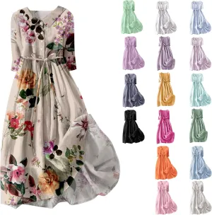 Women Cotton Linen Dresses 3/4 Sleeve Floral Print 2025 Maxi Button Down Casual Boho Plus Size A Line Summer Dress