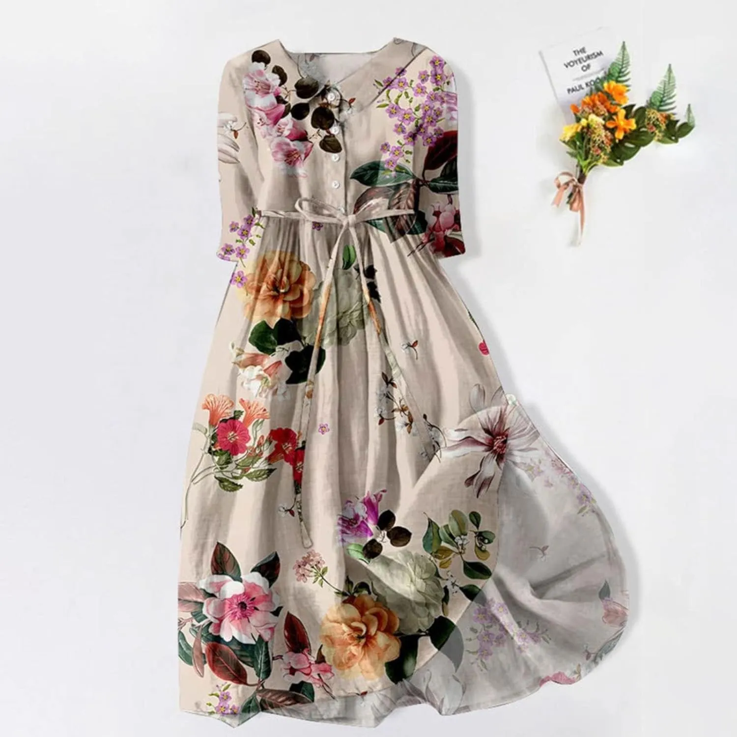 Women Cotton Linen Dresses 3/4 Sleeve Floral Print 2025 Maxi Button Down Casual Boho Plus Size A Line Summer Dress