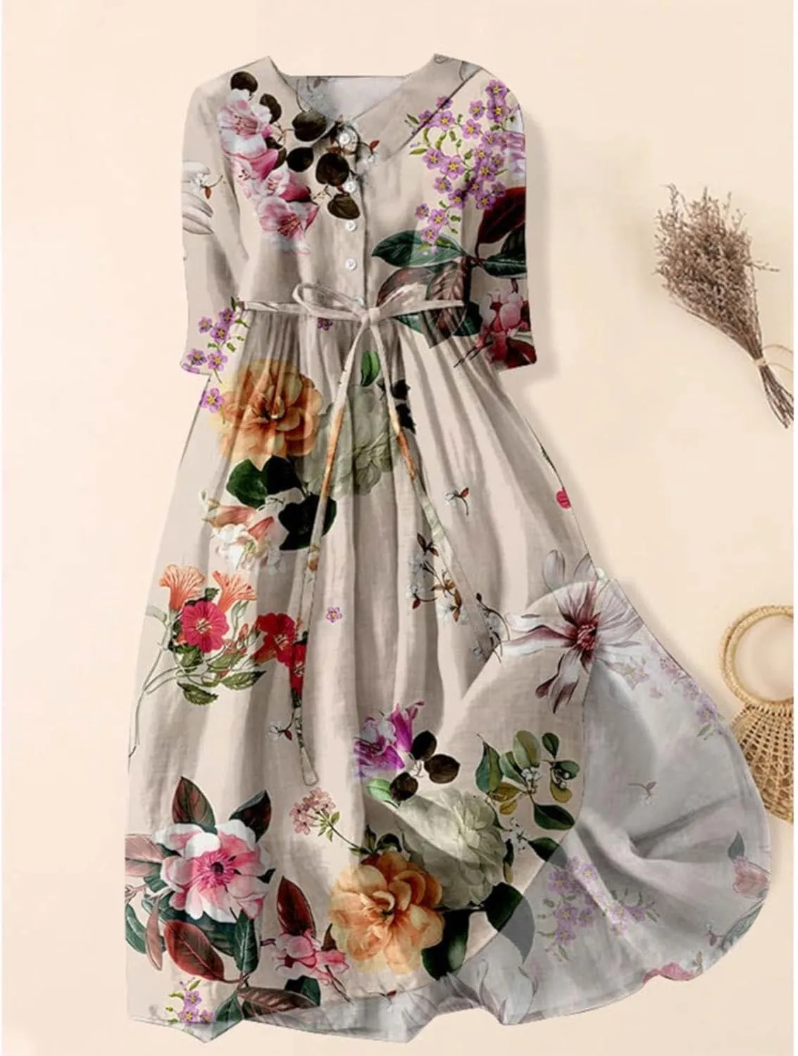 Women Cotton Linen Dresses 3/4 Sleeve Floral Print 2025 Maxi Button Down Casual Boho Plus Size A Line Summer Dress